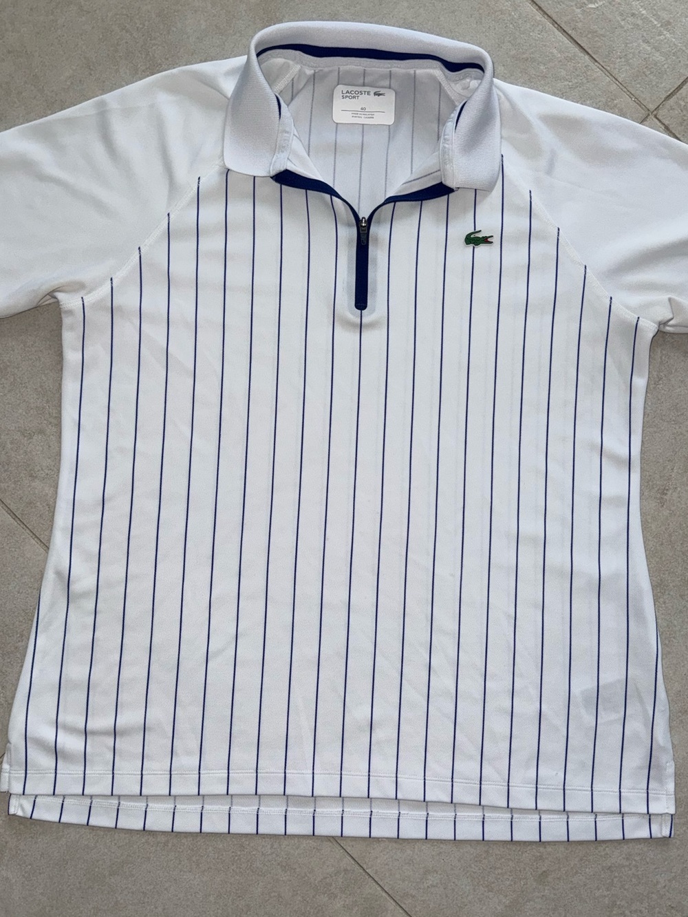 Lacoste White Polo with Navy Trim and Pinstripes